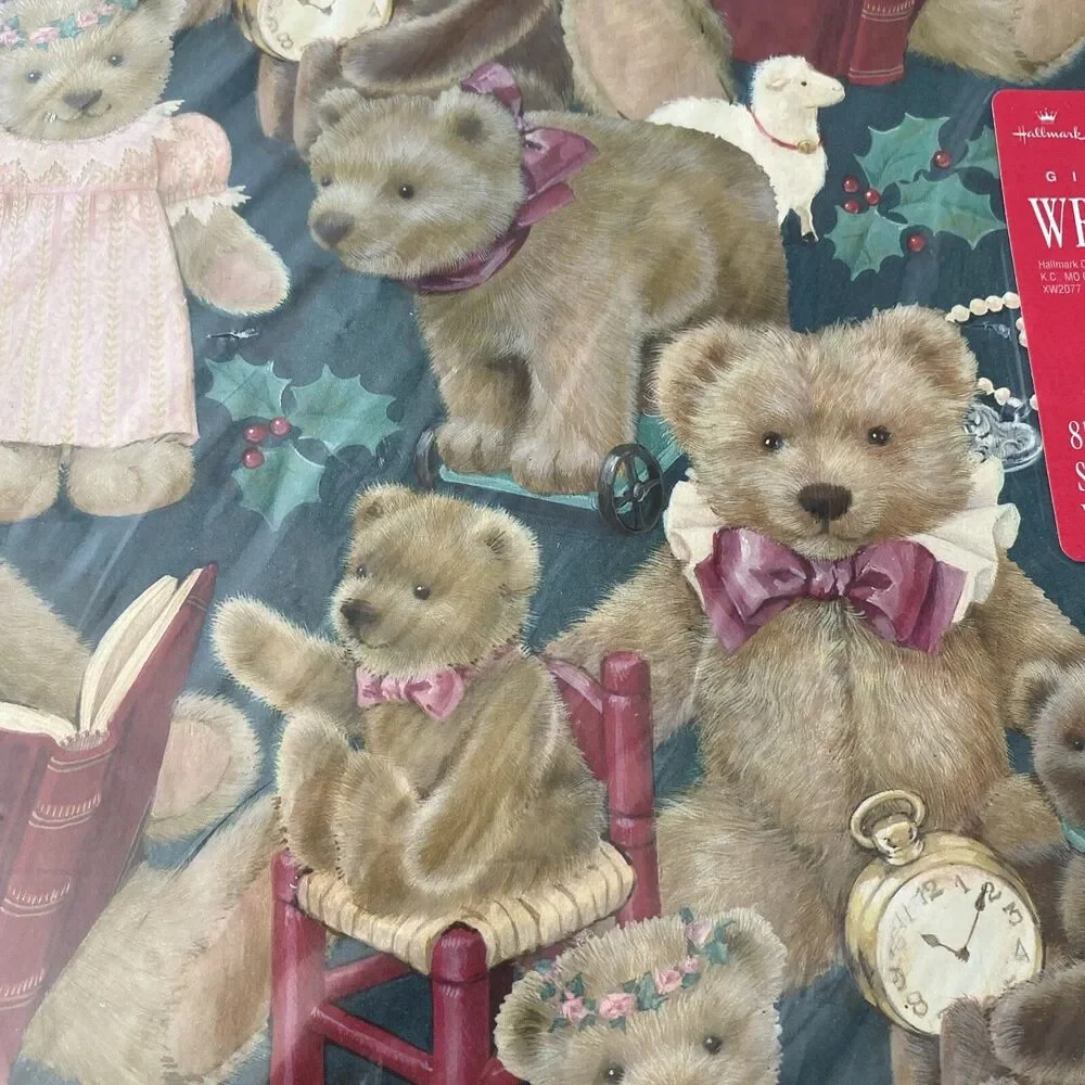 Vintage Christmas Gift Wrapping Paper Teddy Bear Toys Holly Lamb New Old Stock